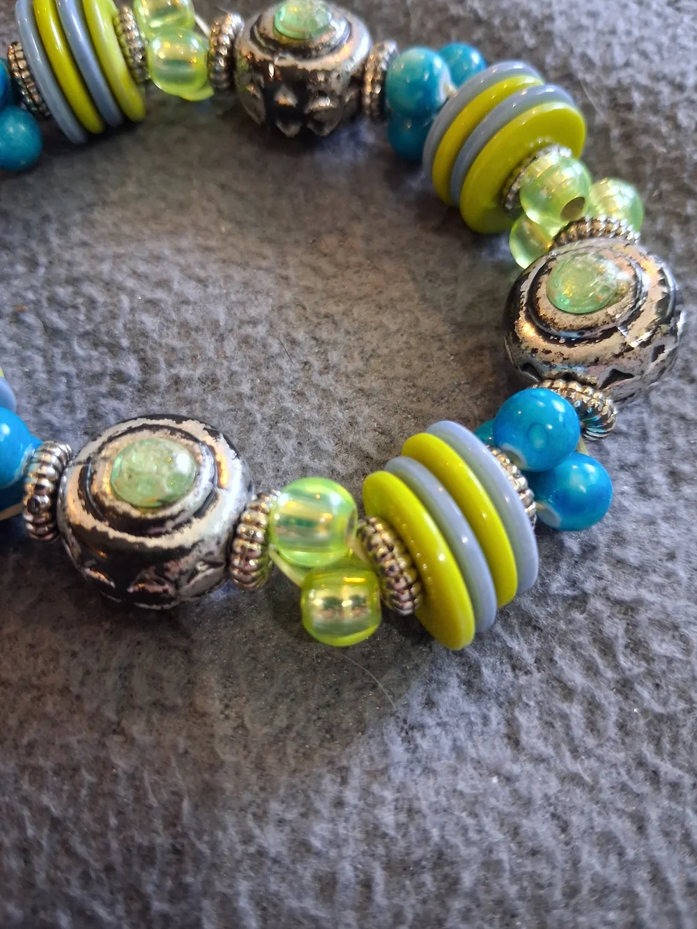 Blue and Lime Beaded Stretch Bracelet